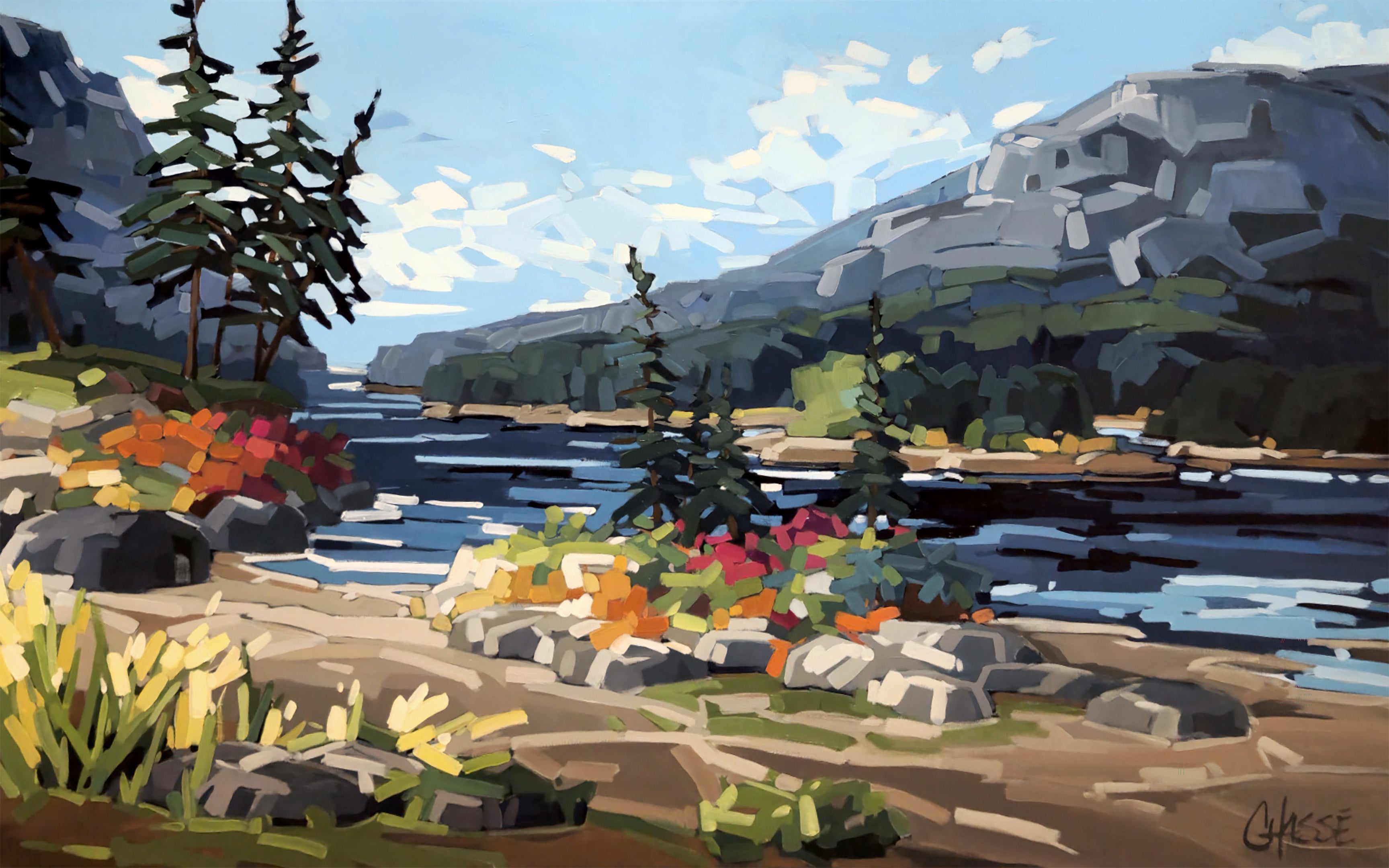Peinture contemporaine de paysage représentant un lac entouré de montagnes rocheuses et de conifères sous un ciel bleu lumineux. Des fleurs sauvages colorées bordent la rive au premier plan, tandis que l’eau sombre reflète la lumière dans une composition expressive aux touches fragmentées et modernes.