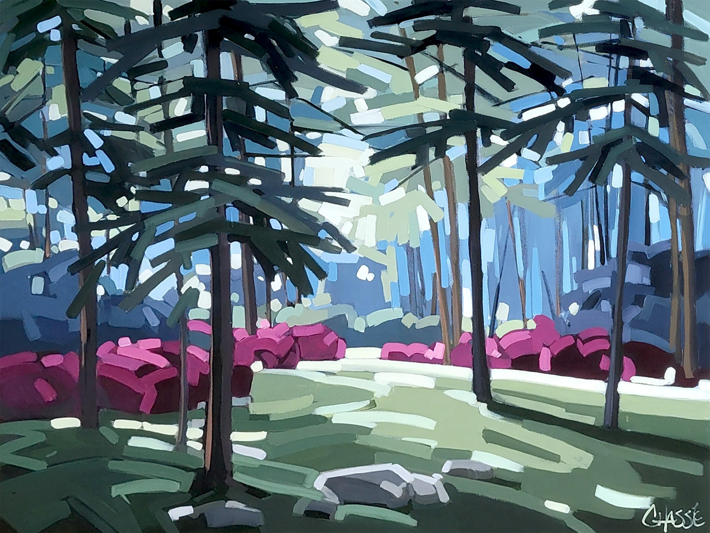 Retrouvez votre lumière intérieure grâce à cette toile de l'artiste peintre canadienne Martine Chassé. La forêt de conifères, les jeux d'ombres et de lumières ainsi que les couleurs apaisantes recréent une atmosphère enveloppante et inspirante. Accrochez-la et revivez!