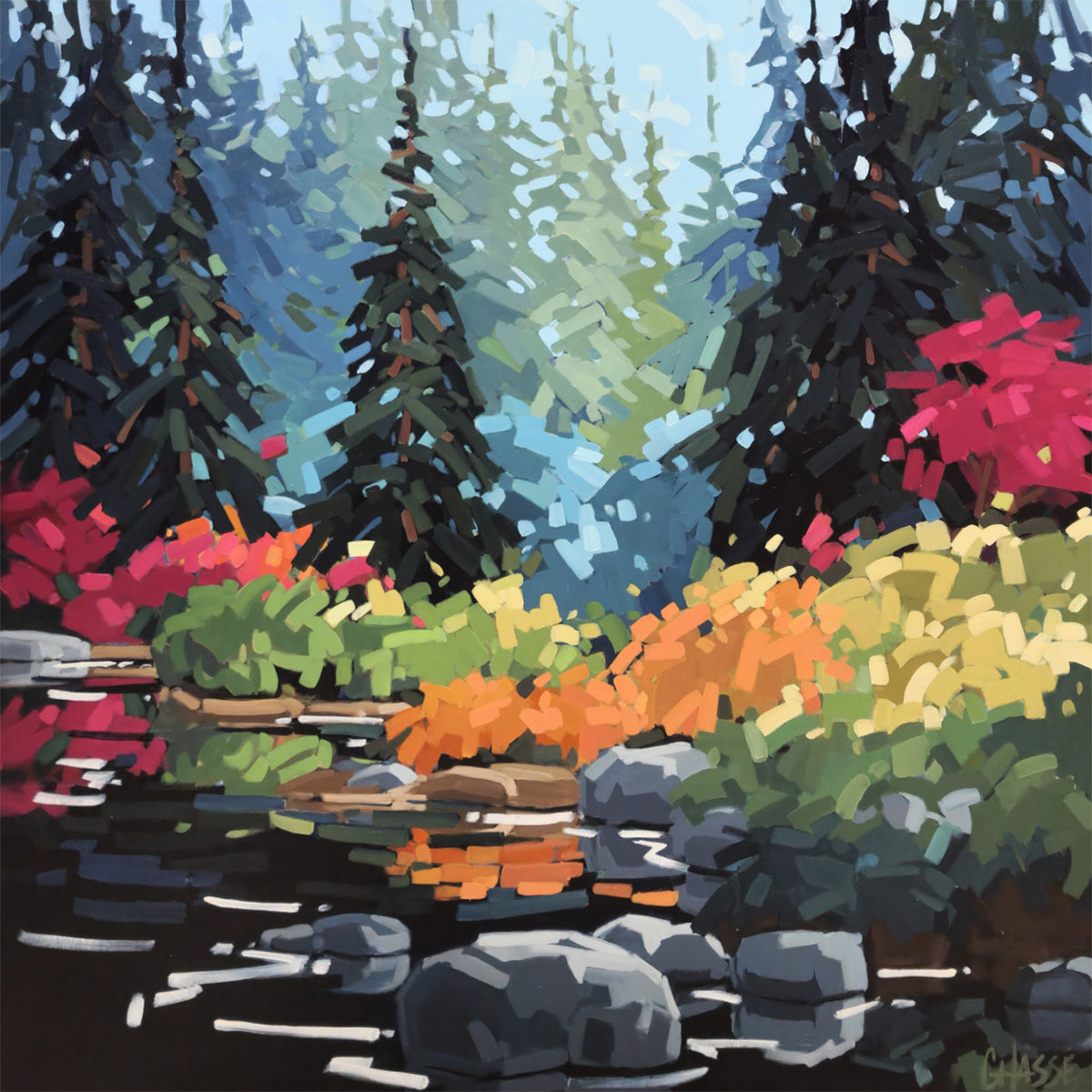 Peinture d'un étang calme entouré de conifères, d'arbustes aux feuillages rouges, orangés et vert tendre ainsi que de plantes aquatiques. Les reflets colorés animent la surface de l'eau dans une ambiance lumineuse et paisible.