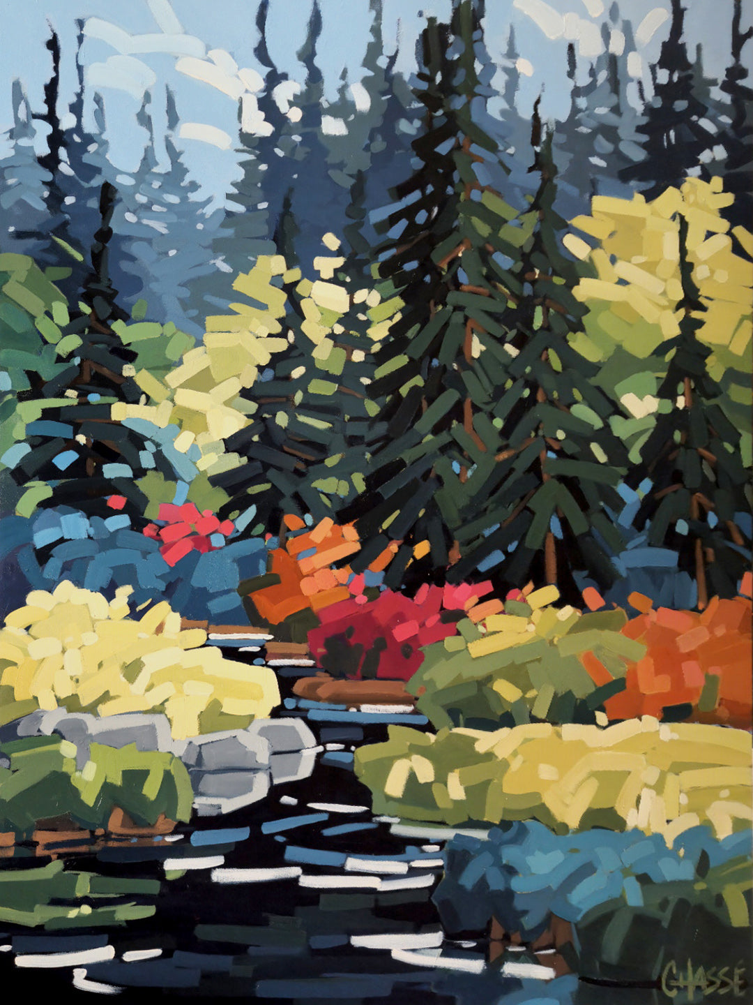 Peinture acrylique représentant un ruisseau traversant une forêt d’épinettes, entouré de feuillages aux couleurs jaunes, rouges, orangées et vertes.